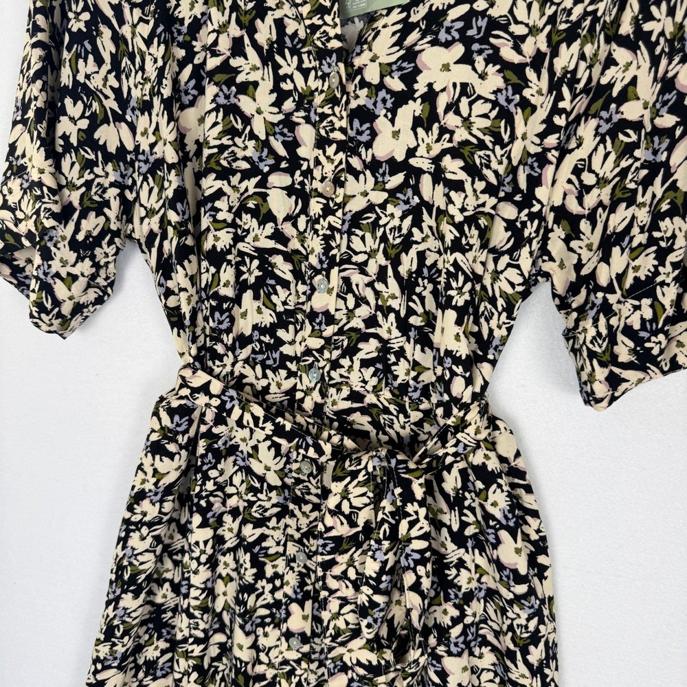 H&M Black Floral Tie-Belt Shirt Dress Womens Medium NWT Short Sleeve Midi Button - Picture 12 of 16